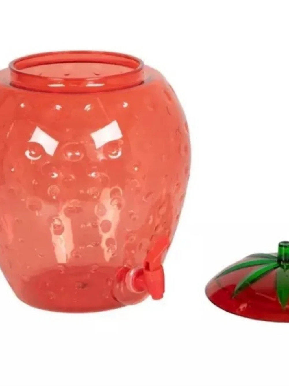 Red Strawberry-Shaped Beverage Dispenser with Green Leaf Lid